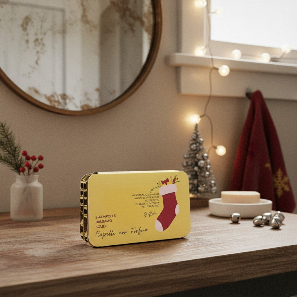 FORFAIT DE NOËL SHAMPOING SOLIDE POUR CHEVEUX AVEC PELLICULES ENCENS + APRÈS-SHAMPOING SOLIDE POUR CHEVEUX GRAS OU AVEC PELLICULES YAOURT ET CRÈME DE RIZ