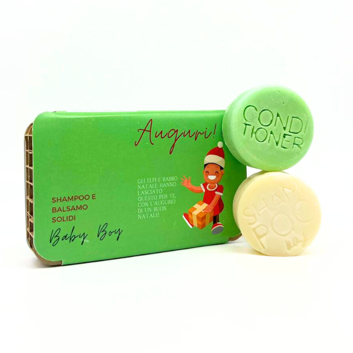 PACK DE NOËL POUR BÉBÉ : SHAMPOING SOLIDE BÉBÉ MUSC BLANC + APRÈS-SHAMPOING SOLIDE BÉBÉ PASTÈQUE & CONCOMBRE