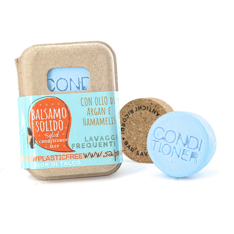 APRÈS-SHAMPOING SOLIDE POUR LAVAGES FRÉQUENTS AVEC TALC ET CORK BAR SAVER