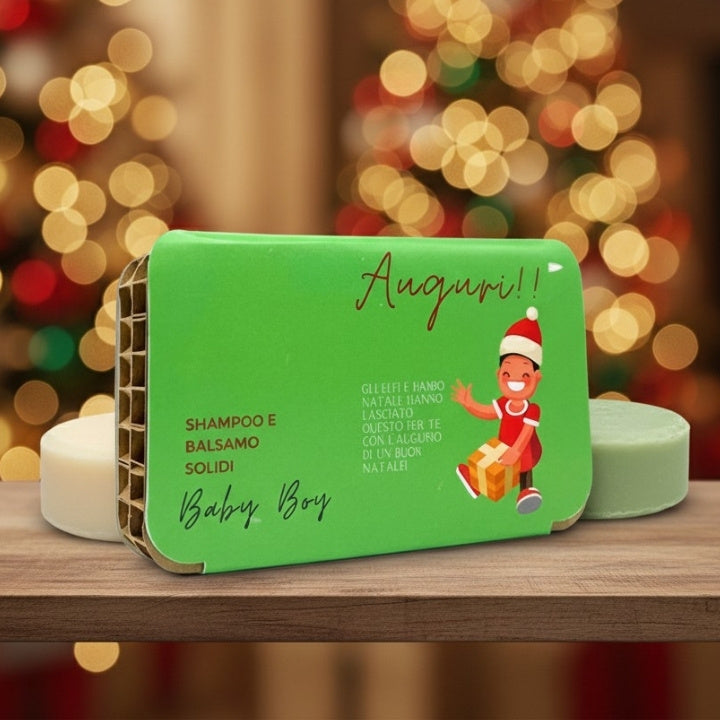 PACK DE NOËL POUR BÉBÉ : SHAMPOING SOLIDE BÉBÉ MUSC BLANC + APRÈS-SHAMPOING SOLIDE BÉBÉ PASTÈQUE & CONCOMBRE