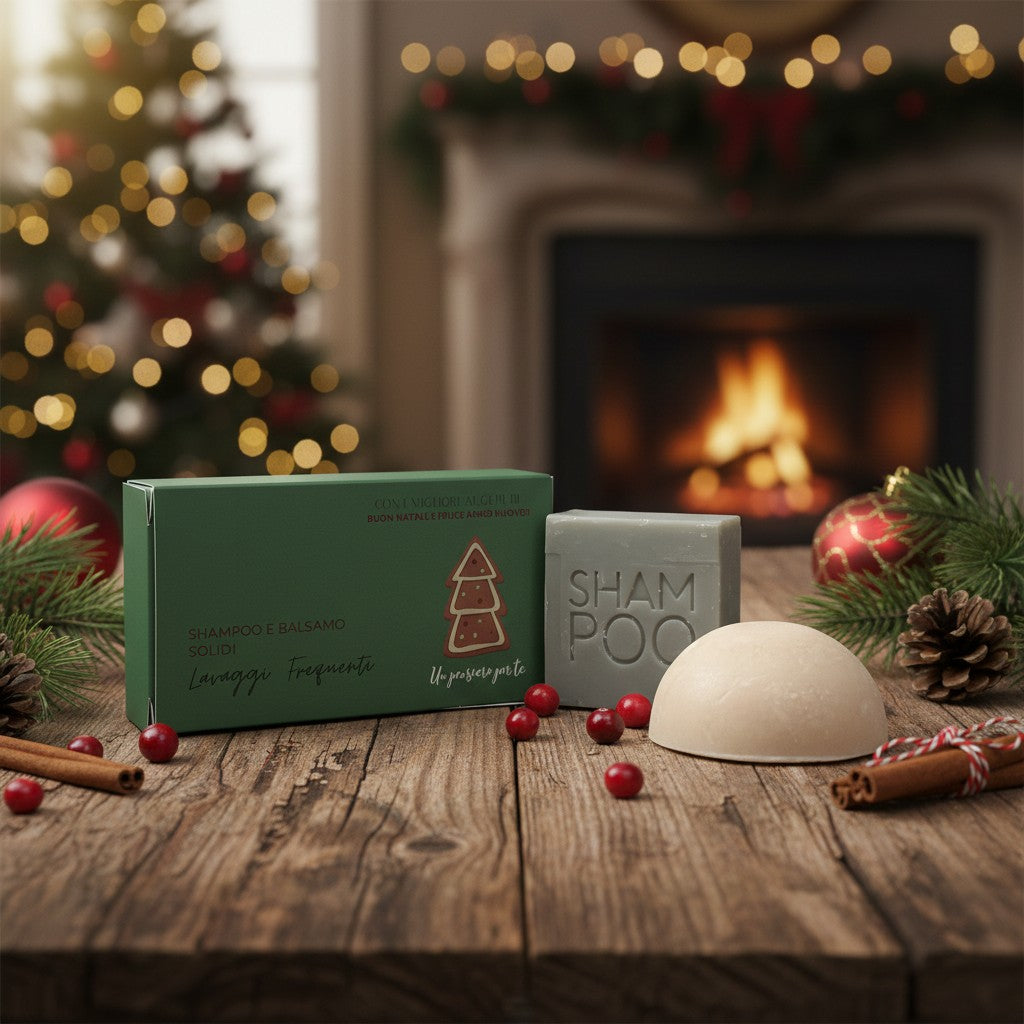 COFFRET DE NOËL : SHAMPOOING SOLIDE AU THÉ NOIR ET À LA BERGAMOTE + APRÈS-SHAMPOING SOLIDE À LA FLEUR D'IRIS POUR LAVAGES FRÉQUENTS