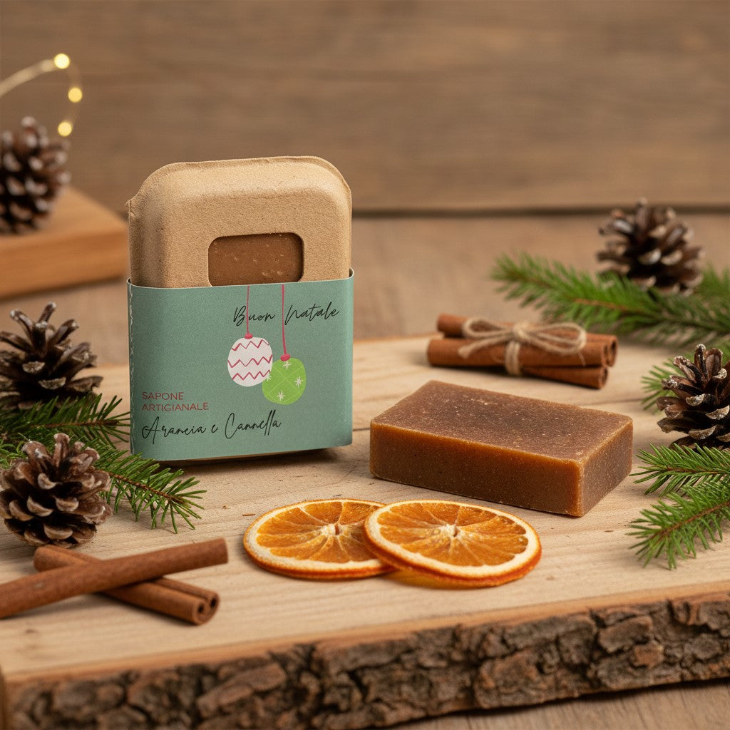 SAVON DE NOËL À L'ORANGE ET À LA CANNELLE DANS UN EMBALLAGE EN CARTON RECYCLÉ