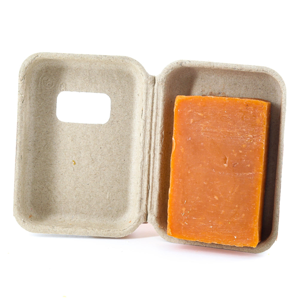 Peach soap packaging in recycled cardboard