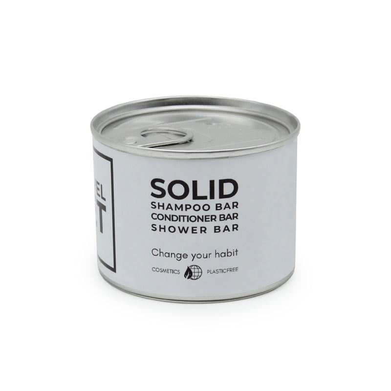 TRAVEL SET - SHAMPOO CONDITIONER SHOWER RESEALABLE TIN PACKAGING AFTER OPENING