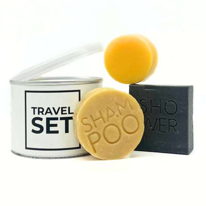 TRAVEL SET - SHAMPOO CONDITIONER SHOWER RESEALABLE TIN PACKAGING AFTER OPENING