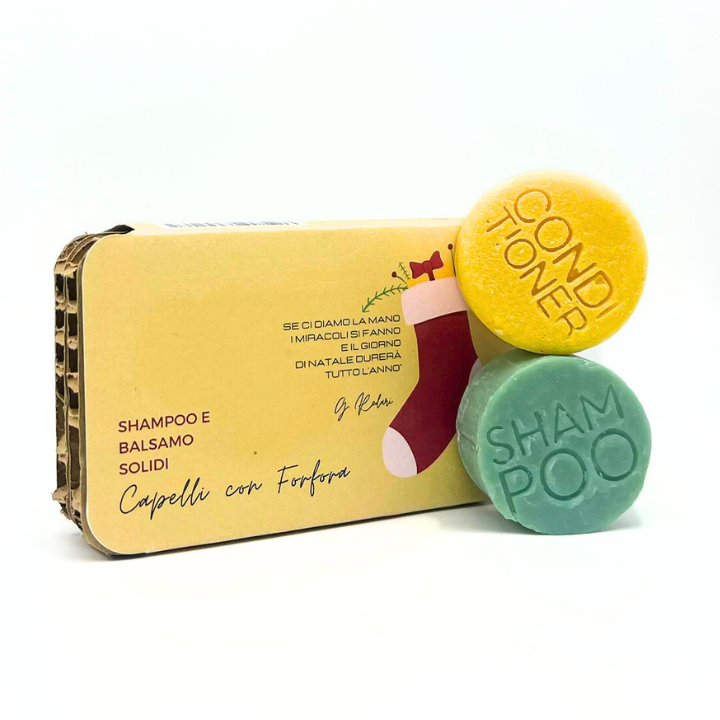 FORFAIT DE NOËL SHAMPOING SOLIDE POUR CHEVEUX AVEC PELLICULES ENCENS + APRÈS-SHAMPOING SOLIDE POUR CHEVEUX GRAS OU AVEC PELLICULES YAOURT ET CRÈME DE RIZ