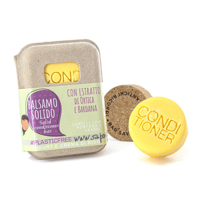 Après-shampoing solide pour cheveux gras ou pellicules au yaourt et à la crème de riz avec bouchon en liège