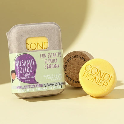 Après-shampoing solide pour cheveux gras ou pellicules au yaourt et à la crème de riz avec bouchon en liège