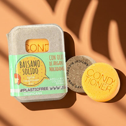 Après-shampooing solide Tropicana pour cheveux bouclés, colorés ou abîmés avec bouchon en liège