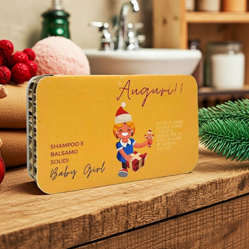 COFFRET DE NOËL POUR FILLES SHAMPOING SOLIDE BÉBÉ FILLE TALC FLEUR + APRÈS-SHAMPOING SOLIDE BÉBÉ PASTÈQUE &amp; CONCOMBRE