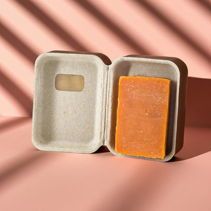 Peach soap packaging in recycled cardboard