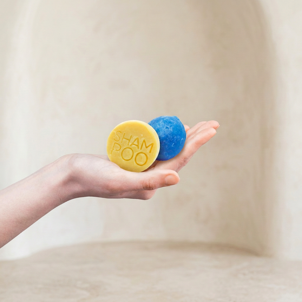 Mano con shampoo giallo e balsamo azzurro in ambiente luminoso