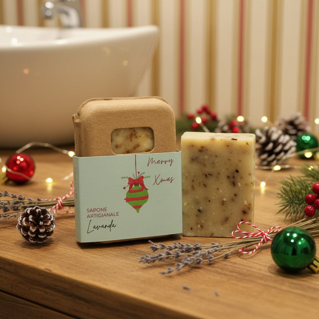 Savon de Noël à la lavande dans un emballage en carton recyclé