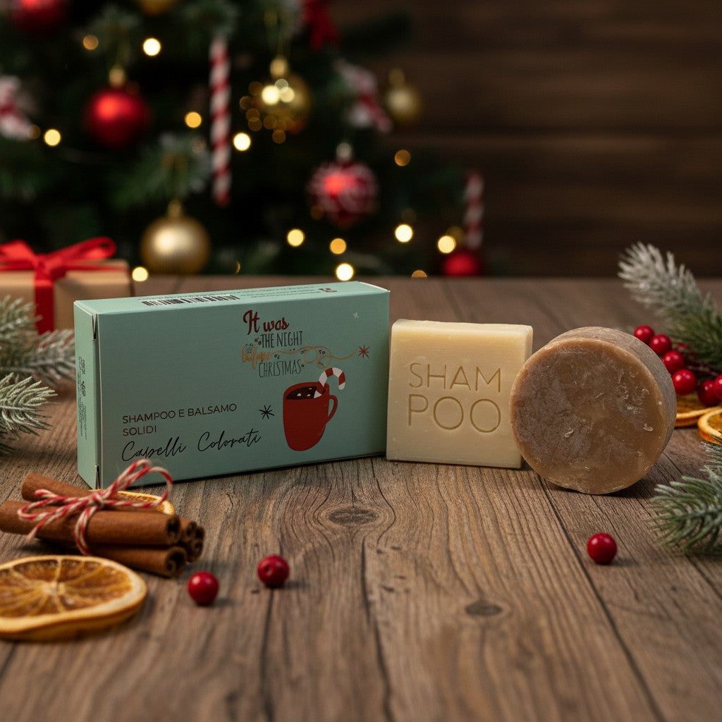 COFFRET DE NOËL SHAMPOING SOLIDE POUR CHEVEUX COLORÉS + APRÈS-SHAMPOING SOLIDE POUR CHEVEUX COLORÉS